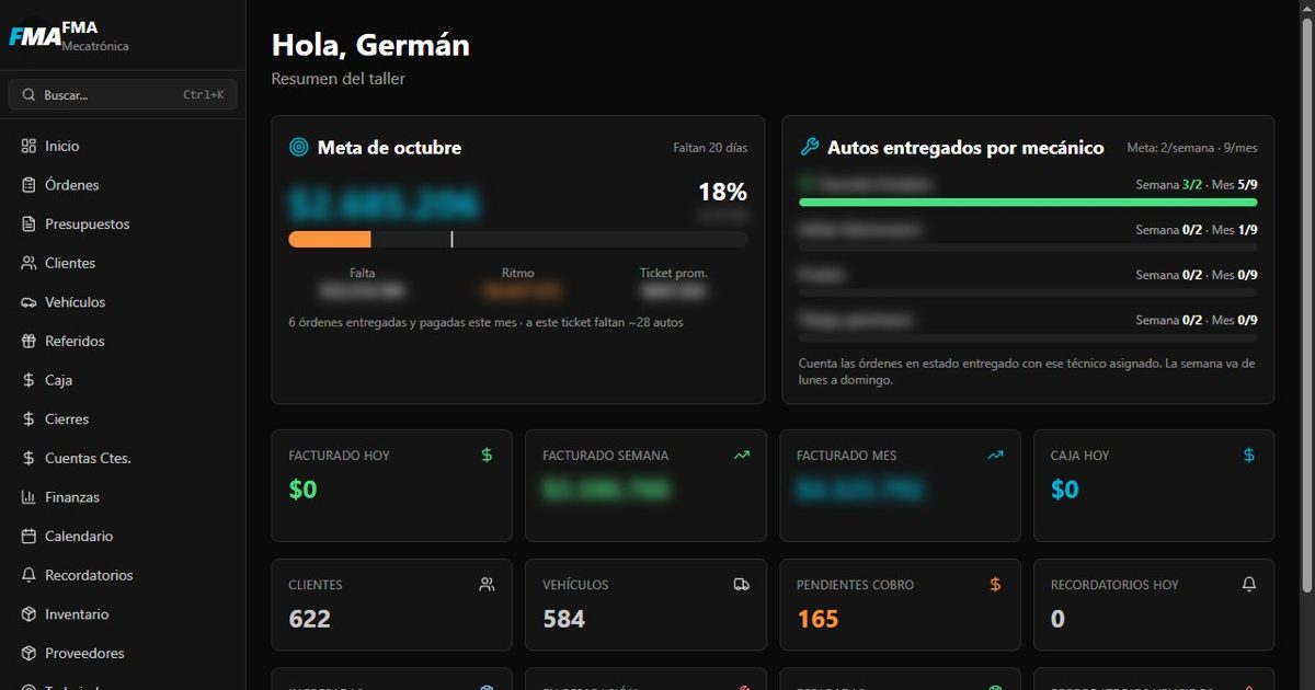 Panel de la app interna de FMA Mecatrónica